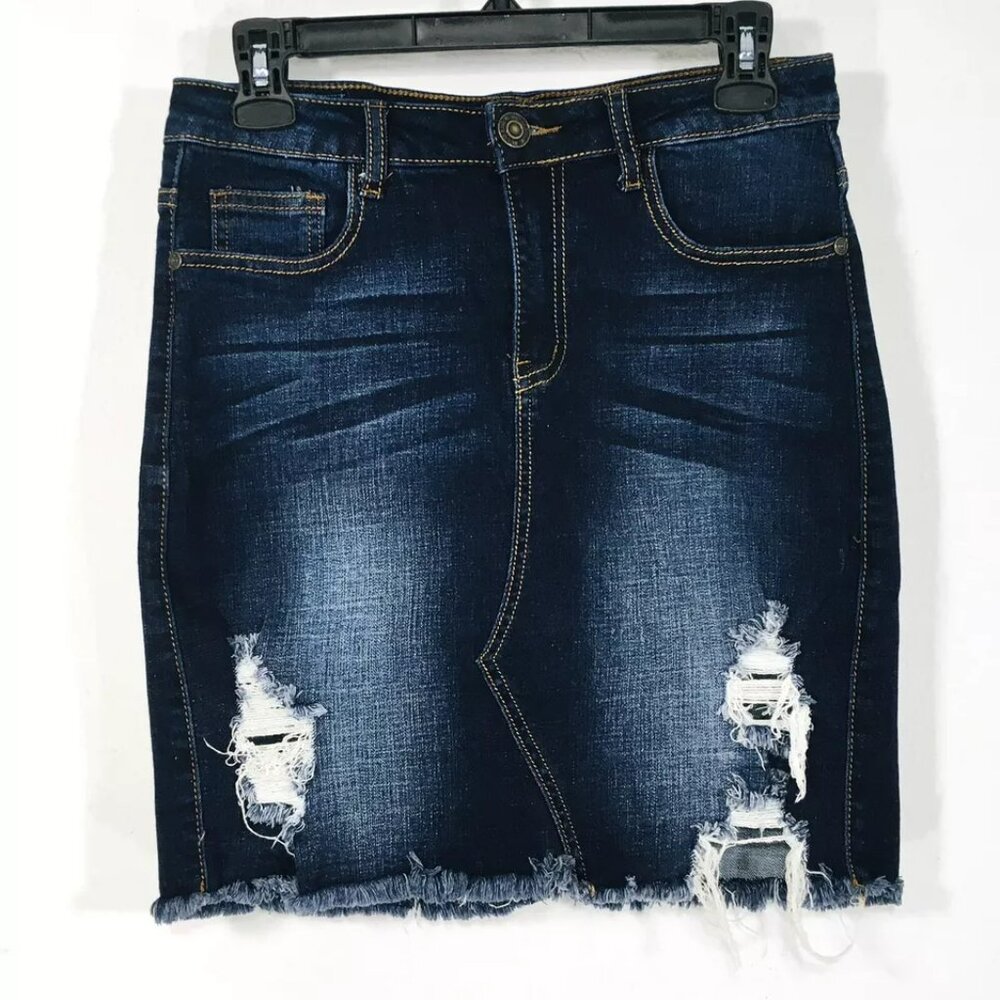 Machine Pour Neuf Mode Stretch Denim Jean Skirt Sz L -30 Distressed Raw Hem